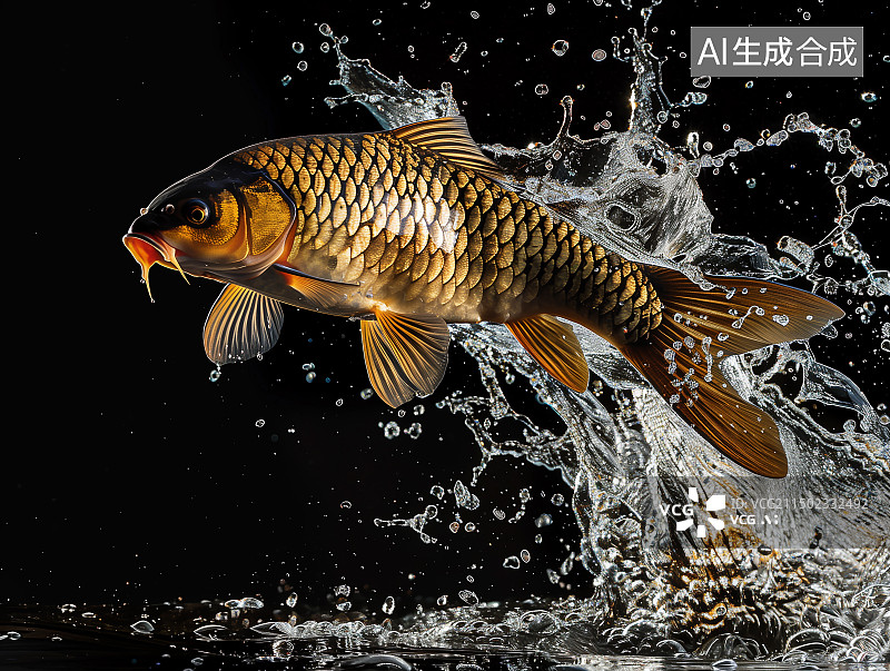 【AI数字艺术】黑色背景下跳跃的草鱼家鱼水花飞溅图片素材
