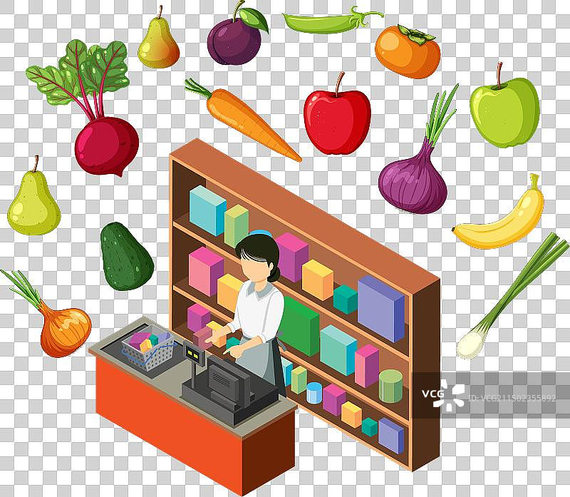 在蔬菜水果店里快乐的收银员图片素材
