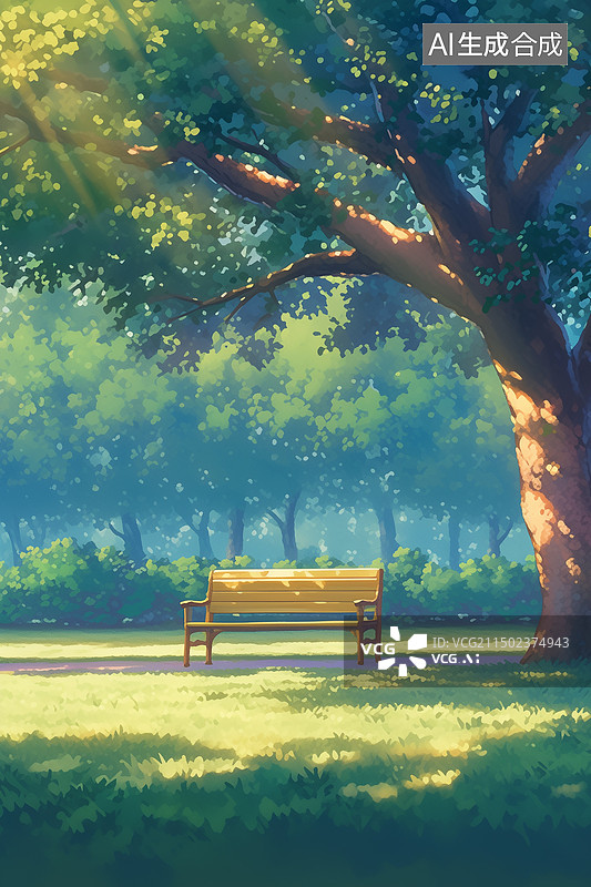 【AI数字艺术】夏天白天阳光下公园里大树下的长椅3D插画图片素材
