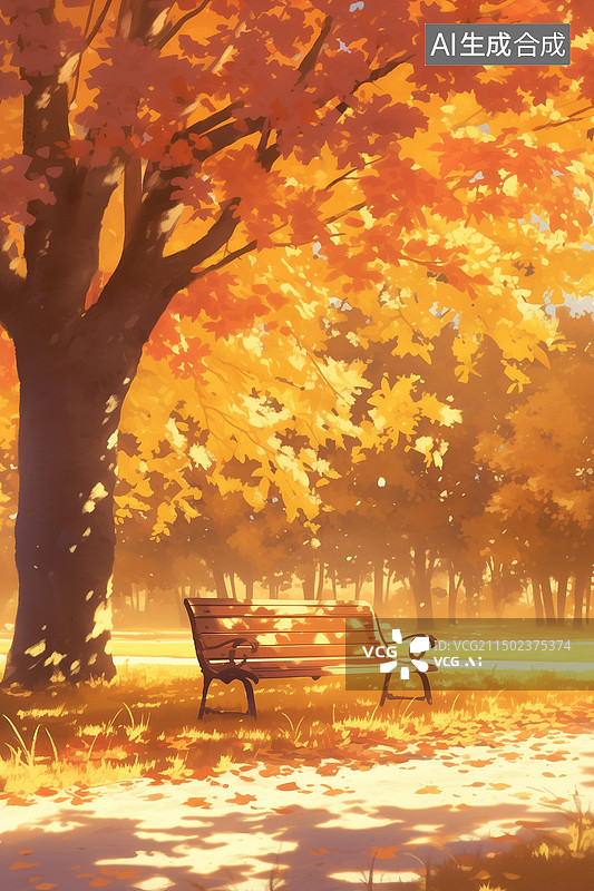 【AI数字艺术】秋天白天阳光下公园里大树下的长椅3D插画图片素材