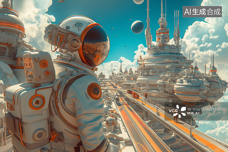 【AI数字艺术】一个宇航员在科幻未来城市中穿梭游玩图片素材