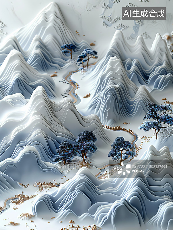 【AI数字艺术】黄金翡翠质感山水画图片素材