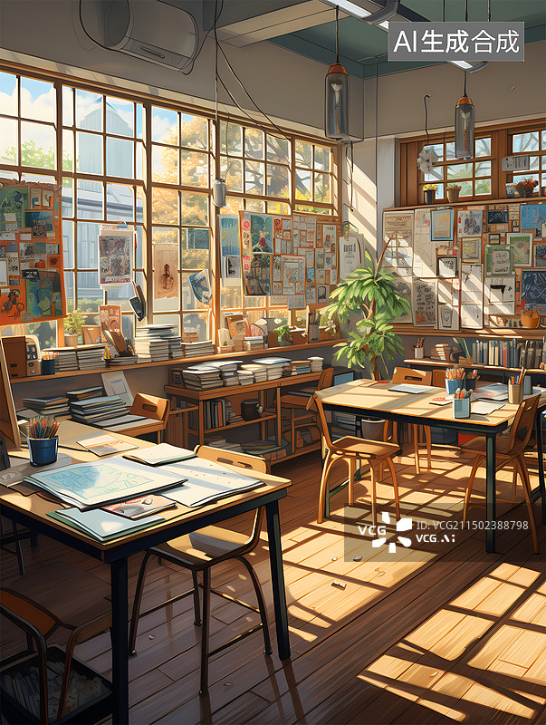 【AI数字艺术】日系漫画风格学校教室走廊体育馆羽毛球馆舞蹈房钢琴教室美术教室茶馆图片素材