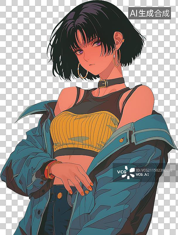 【AI数字艺术】酷拽少女大耳环项圈复古日漫风时尚插画图片素材