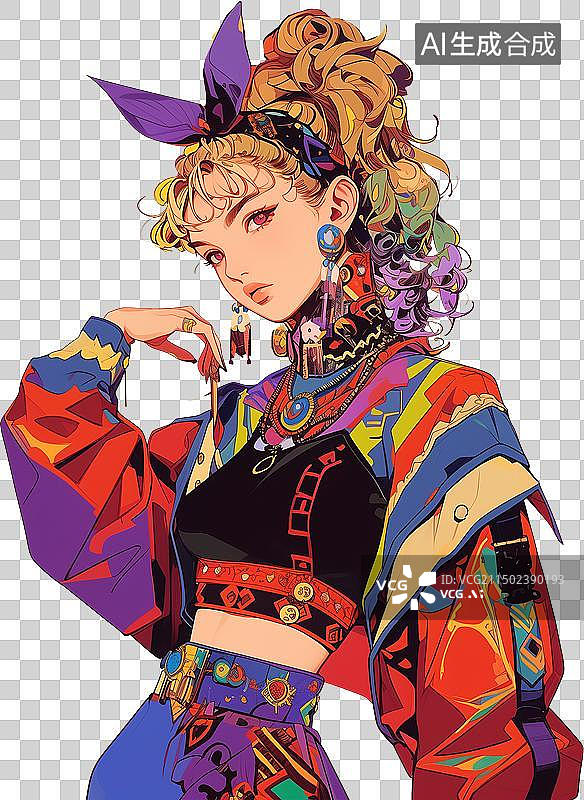 【AI数字艺术】酷拽少女大耳环多个时尚饰品复古日漫风时尚插画图片素材