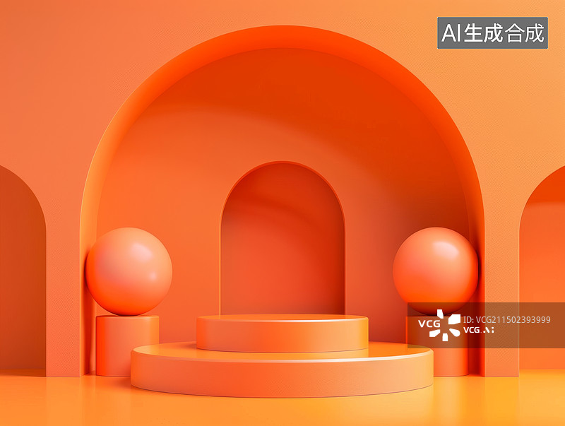【AI数字艺术】橙红色圆拱形3D展台空背景图片素材