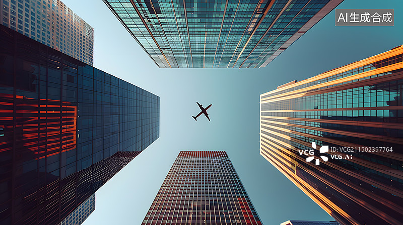 【AI数字艺术】飞机飞越金融区的低角度视图图片素材