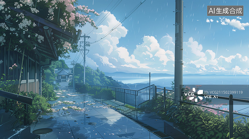 【AI数字艺术】海边的小路，日式漫画场景，新海诚风格图片素材