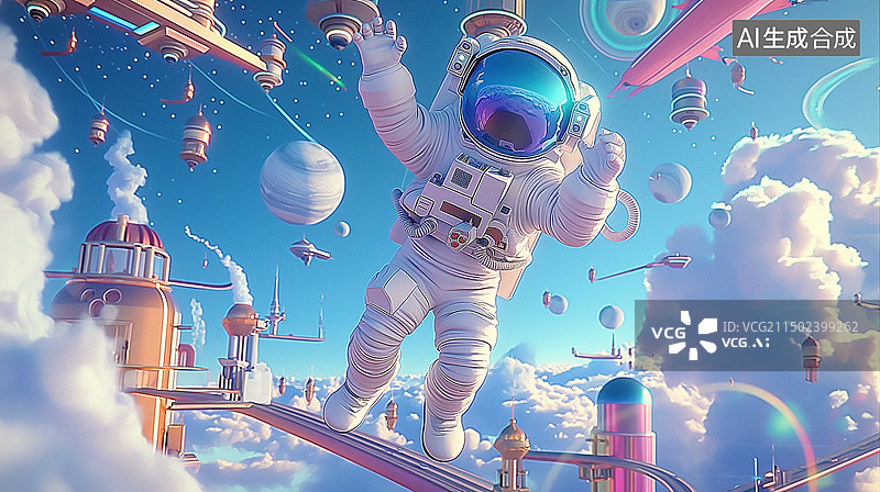 【AI数字艺术】一个宇航员漂浮在未来的城市上空图片素材