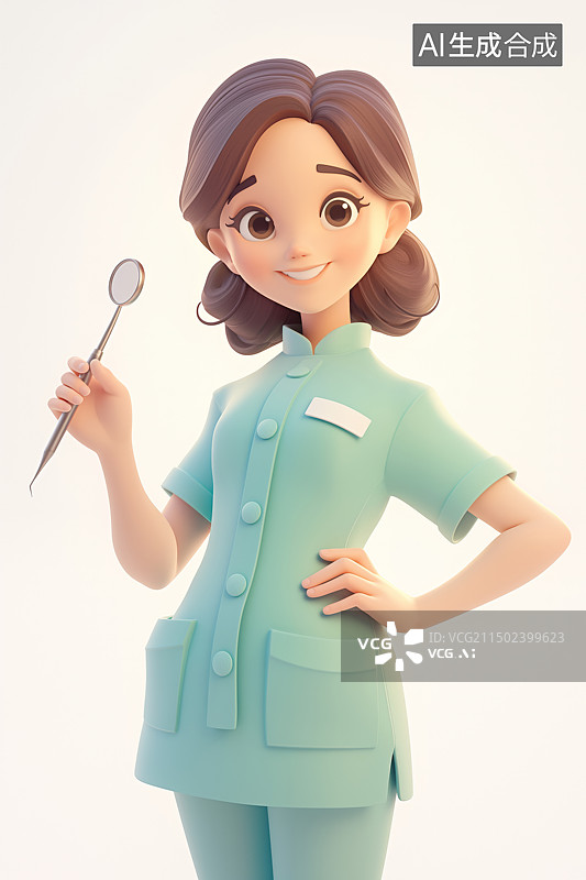 【AI数字艺术】3D卡通风格，一个拿着牙科镜的年轻女牙医图片素材