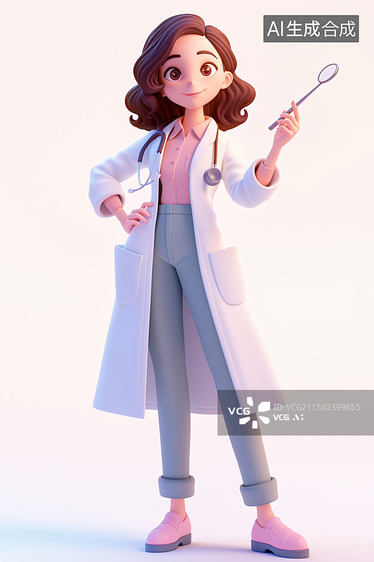 【AI数字艺术】3D卡通风格，一个拿着牙科镜的年轻女牙医图片素材