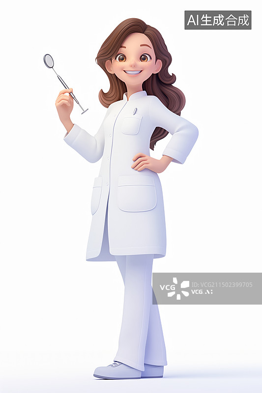 【AI数字艺术】3D卡通风格，一个拿着牙科镜的年轻女牙医图片素材