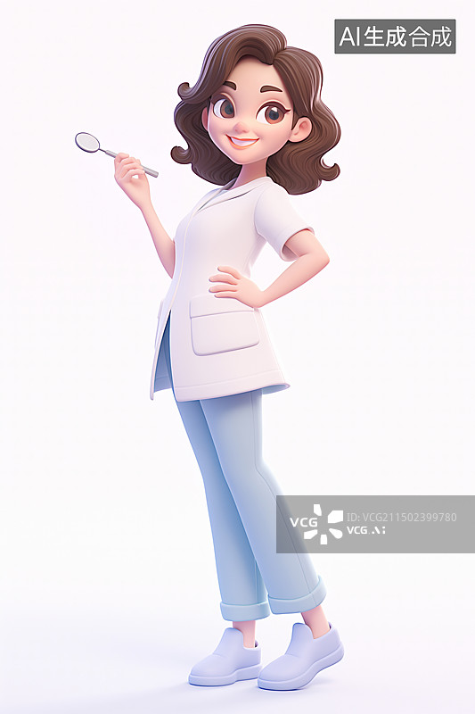 【AI数字艺术】3D卡通风格，一个拿着牙科镜的年轻女牙医图片素材