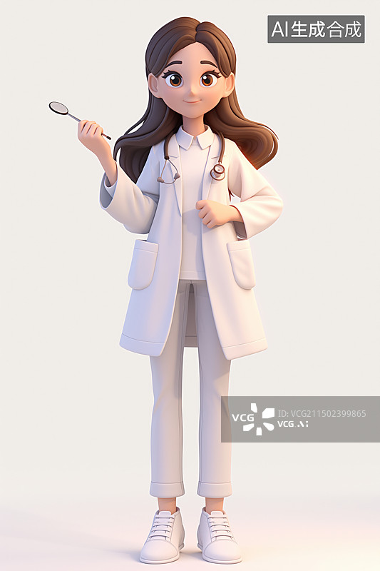 【AI数字艺术】3D卡通风格，一个拿着牙科镜的年轻女牙医图片素材