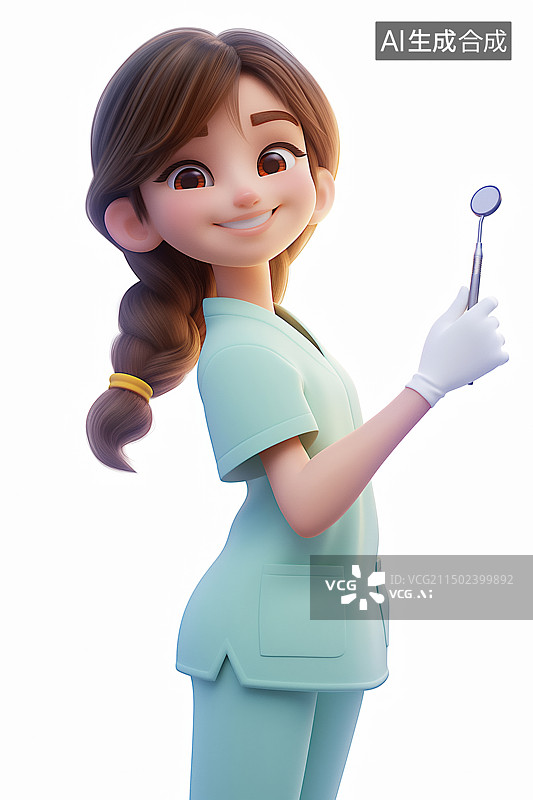 【AI数字艺术】3D卡通风格，一个拿着牙科镜的年轻女牙医图片素材