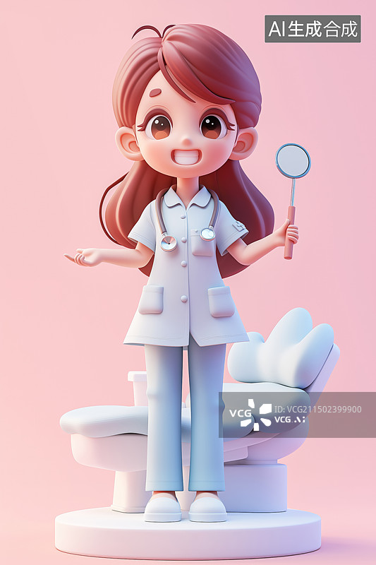 【AI数字艺术】3D卡通风格，一个拿着牙科镜的年轻女牙医图片素材