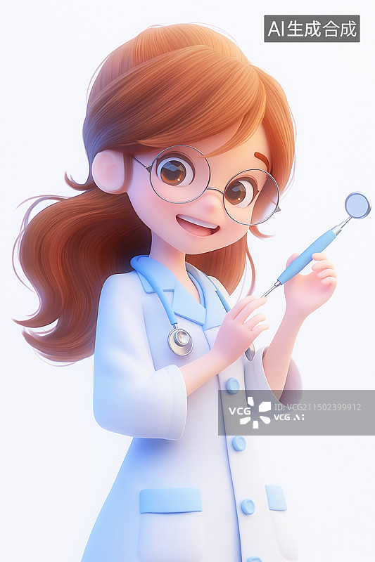 【AI数字艺术】3D卡通风格，一个拿着牙科镜的年轻女牙医图片素材