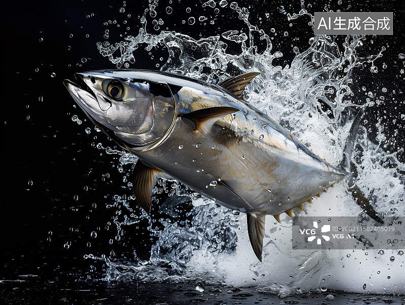 【AI数字艺术】黑色背景下跳跃而出的金枪鱼溅出水花图片素材