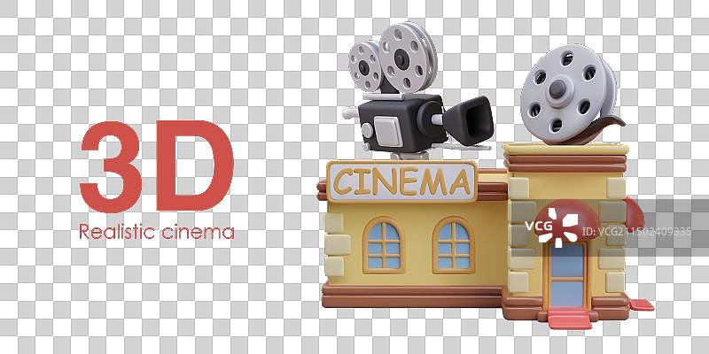 逼真的电影院建筑与巨型电影摄影机图片素材