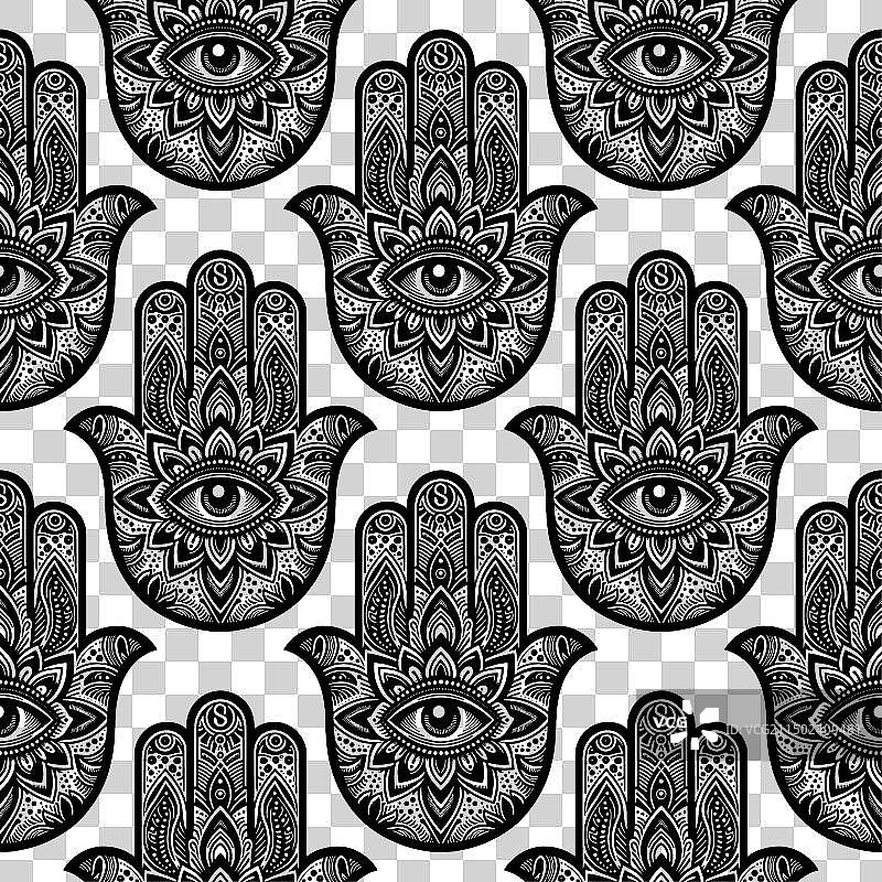 黑白线条艺术：装饰性哈姆萨之手图片素材