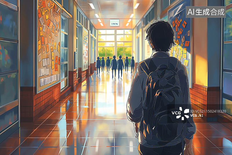 【AI数字艺术】日漫风，干净整洁学校走廊图片素材