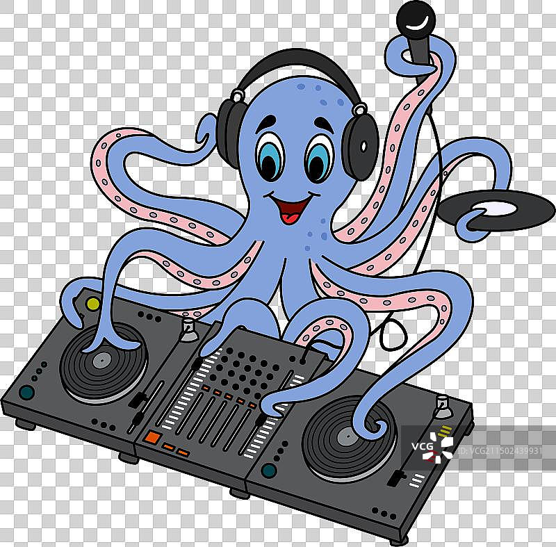 卡通DJ章鱼演奏混音器图片素材