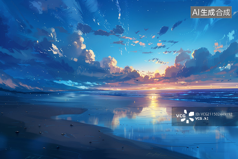 【AI数字艺术】日漫风格海滩天空风景插画图片素材
