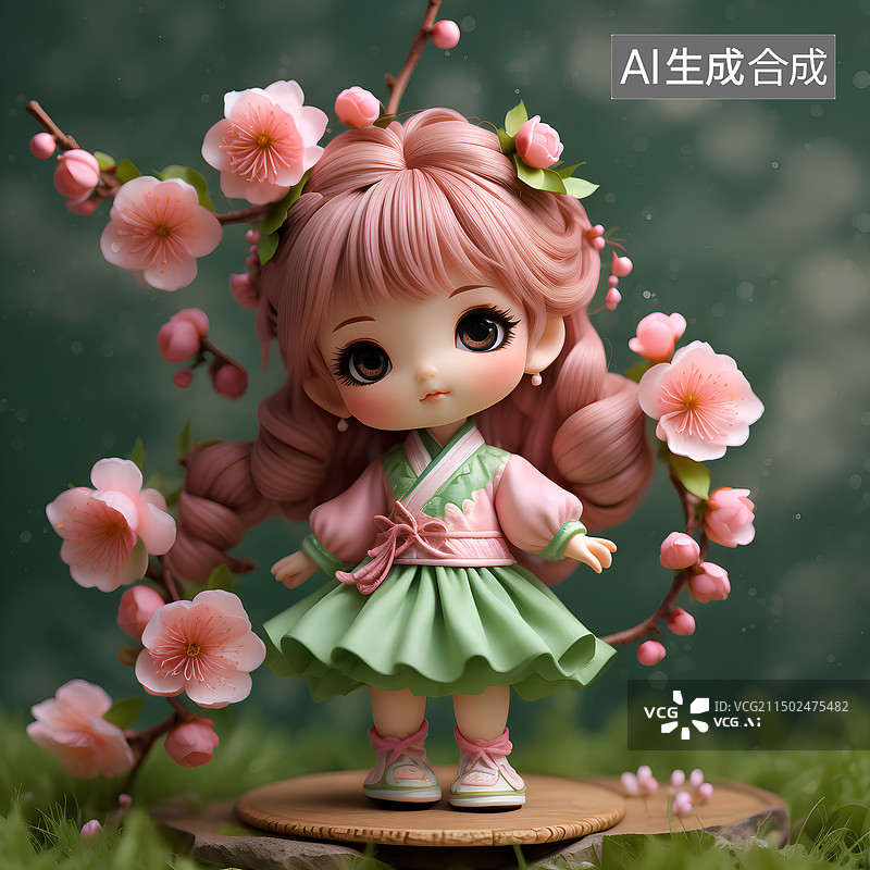 【AI数字艺术】桃花娃娃Q版，粉色头发，绿色裙子，国潮手办插画。图片素材