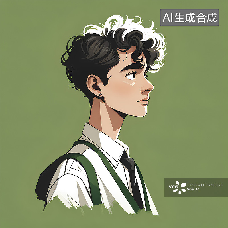 【AI数字艺术】手绘插画风，极简半身头像，邮政绿色背景，白色的人物剪影，卡通男生侧脸插画。图片素材