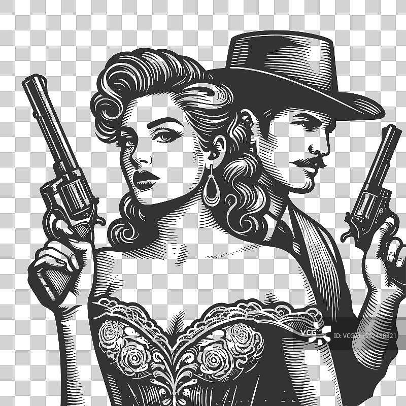 持左轮手枪的黑帮女人和男人素描图片素材