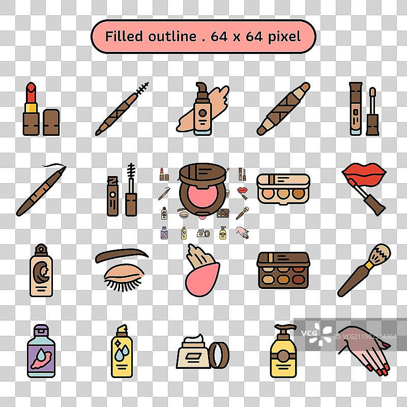 化妆品和彩妆图标填充轮廓合集图片素材