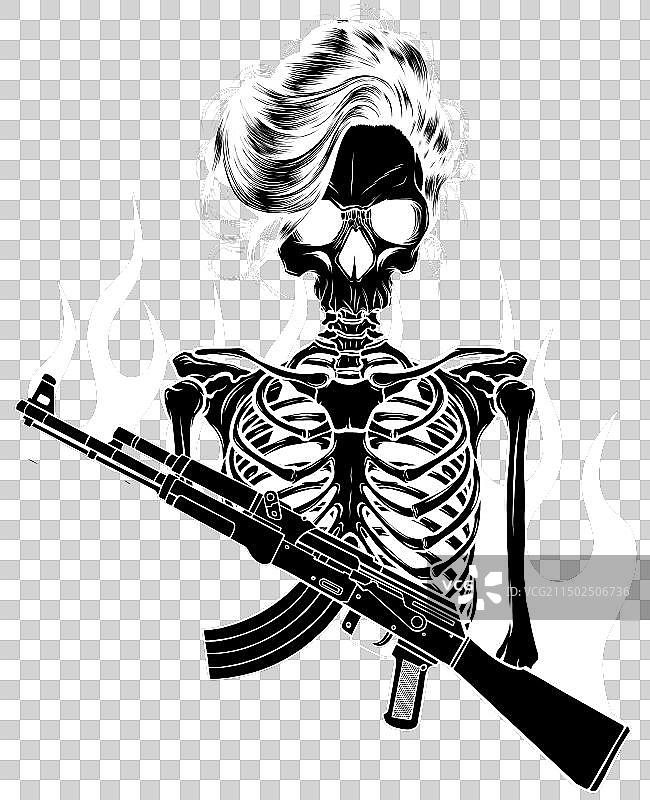 手持突击武器的女性骨骼白色剪影图片素材