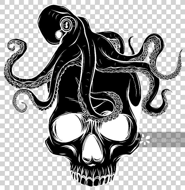 人类头骨上的白色章鱼剪影图片素材