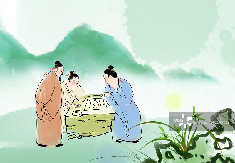 下棋，兰花，围棋，博弈，三个人，古代，棋子，棋盘，棋，图片素材