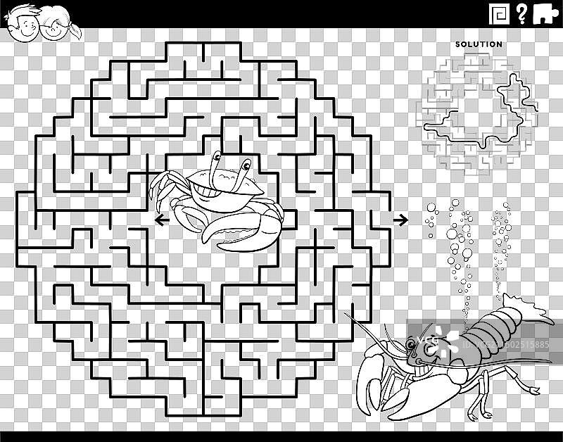 卡通螃蟹与小龙虾迷宫游戏填色图片素材