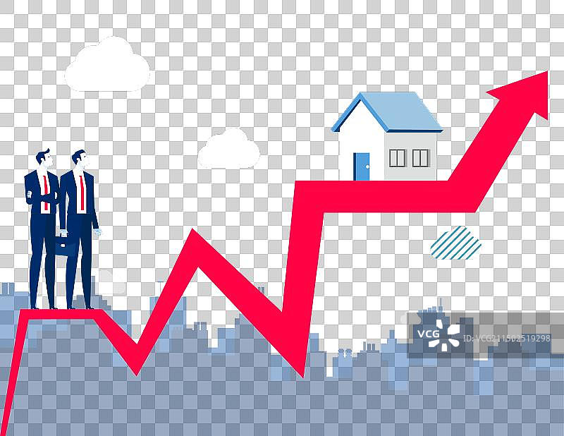 年轻夫妇看着在红色背景上升起的房子图片素材