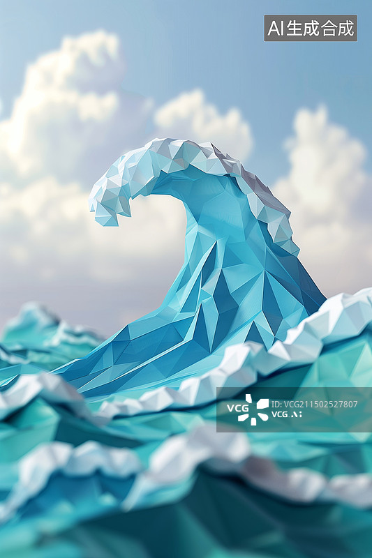 【AI数字艺术】低面多边形海上汹涌的海浪特写3D卡通插画图片素材