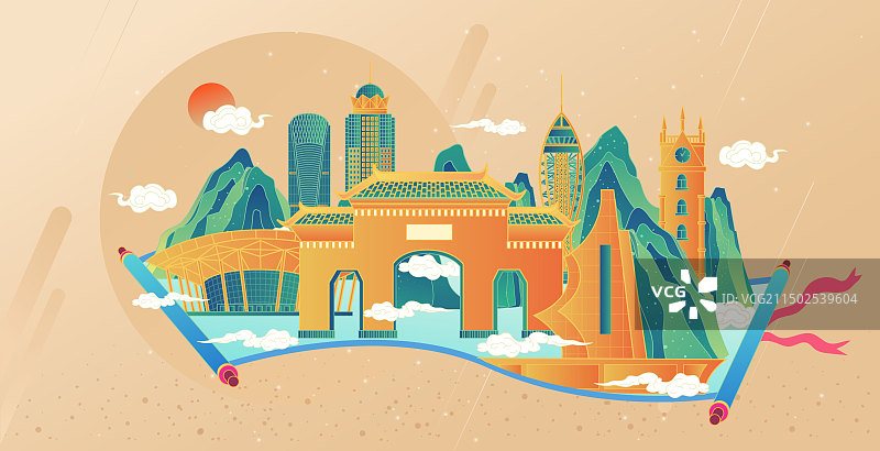 海南海口卷轴山水画中国风城市复古打卡地标旅游建筑群图片素材