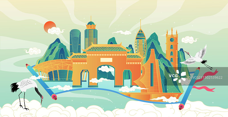 海南海口卷轴山水画中国风城市复古打卡地标旅游建筑群图片素材