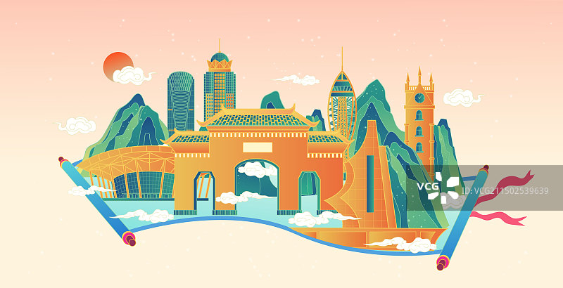 海南海口卷轴山水画中国风城市复古打卡地标旅游建筑群图片素材