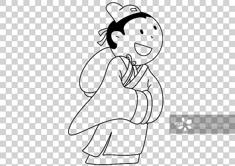 黑白线描古代汉服人物历史插画古代跪坐的学子摊开宣纸阅读书法的姿势儿童人物元素图片素材
