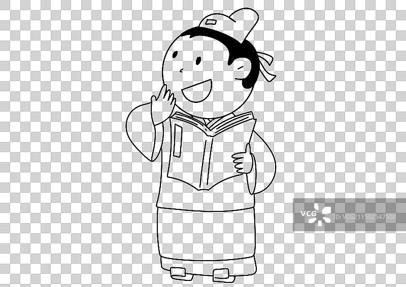 黑白线描古代汉服人物历史插画古代跪坐的学子摊开宣纸阅读书法的姿势儿童人物元素图片素材