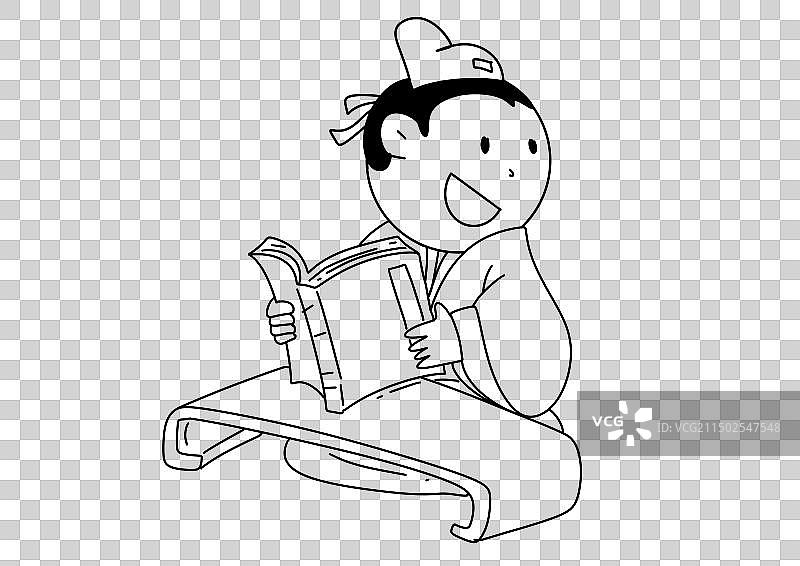 黑白线描古代汉服人物历史插画古代跪坐的学子摊开宣纸阅读书法的姿势儿童人物元素图片素材