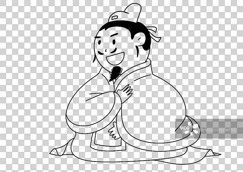 黑白线描古代汉服人物历史插画古代跪坐的学子摊开宣纸阅读书法的姿势儿童人物元素图片素材