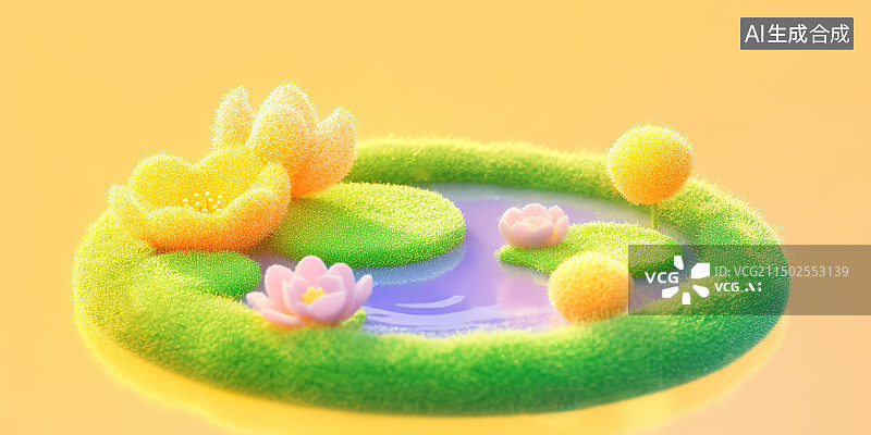 【AI数字艺术】夏日莲花池荷塘小景，毛毡风格的莲花和荷叶图片素材