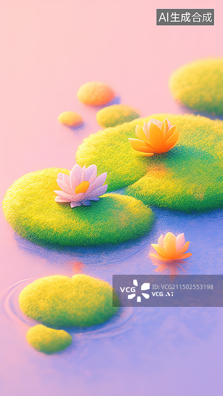 【AI数字艺术】夏日莲花池荷塘小景，毛毡风格的莲花和荷叶图片素材