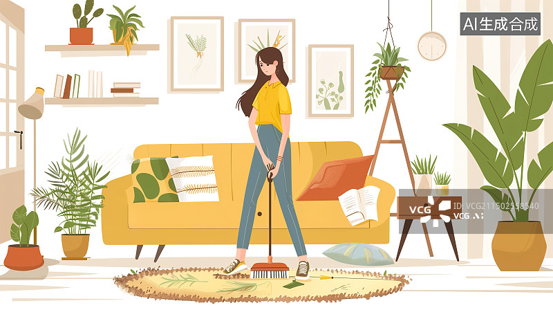 【AI数字艺术】都市白领在家里打扫卫生图片素材