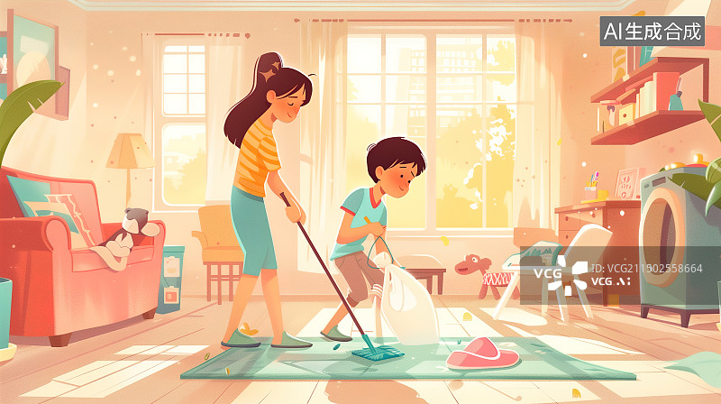 【AI数字艺术】妈妈在教孩子打扫卫生图片素材