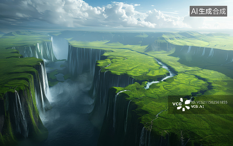 【AI数字艺术】绿色大峡谷瀑布自然风景背景插画图片素材