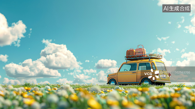 【AI数字艺术】一辆旅行车行驶在开满鲜花的小路上——自驾游出行概念图片素材